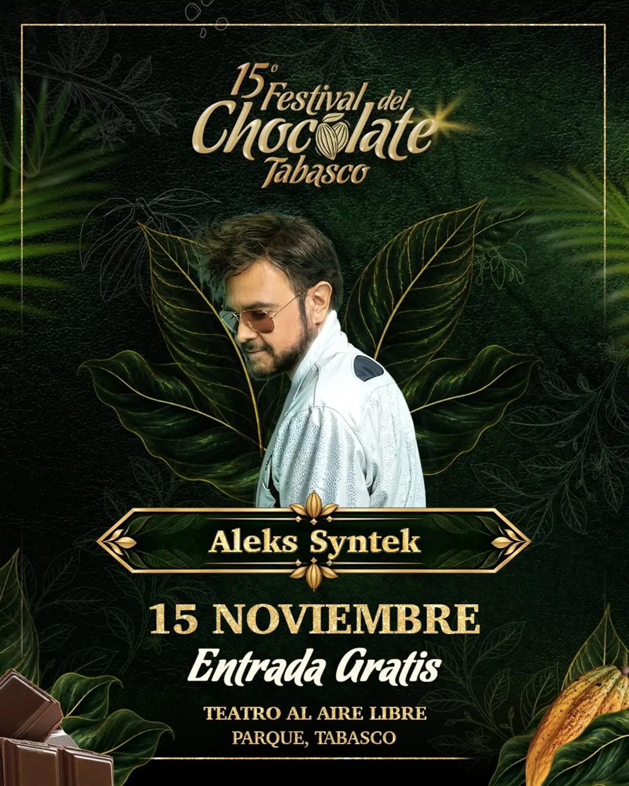 Aleks Syntek, 15 de noviembre en el Teatro al Aire Libre del Parque Tabasco. Entrada gratis