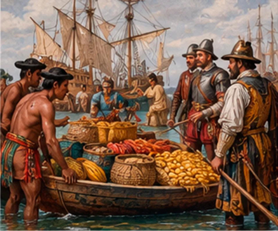 Navegantes españoles observan una canoa indígena cargada de mazorcas y granos de cacao