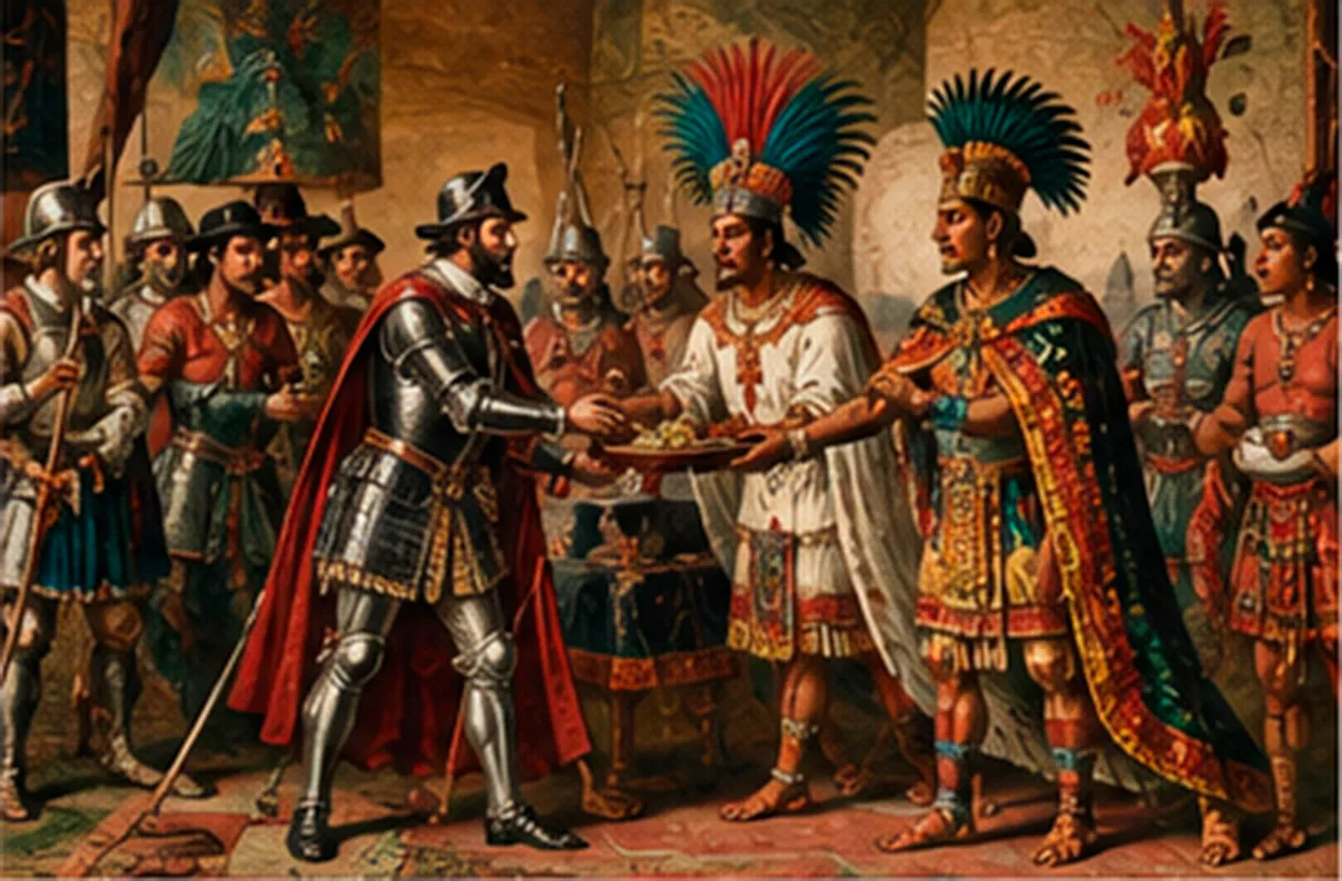Conquistadores españoles y dignatarios mexicas intercambian ofrendas