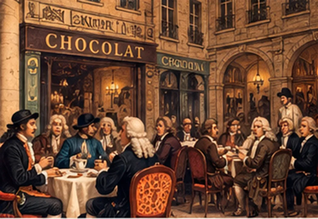 Terraza de una chocolatería europea con caballeros de peluca conversando alrededor de las mesas