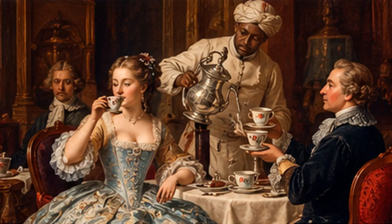 Aristócratas europeos del siglo XVIII beben chocolate en tazas de porcelana mientras un sirviente lo sirve de una chocolatera de plata