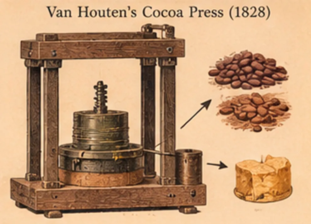 Prensa de cacao de madera y metal; a un lado, granos de cacao y un bloque de manteca de cacao