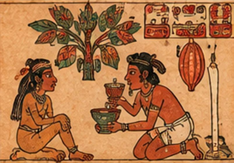 Escena al estilo de un códice: dos personajes mayas comparten una bebida de cacao bajo un árbol de cacao
