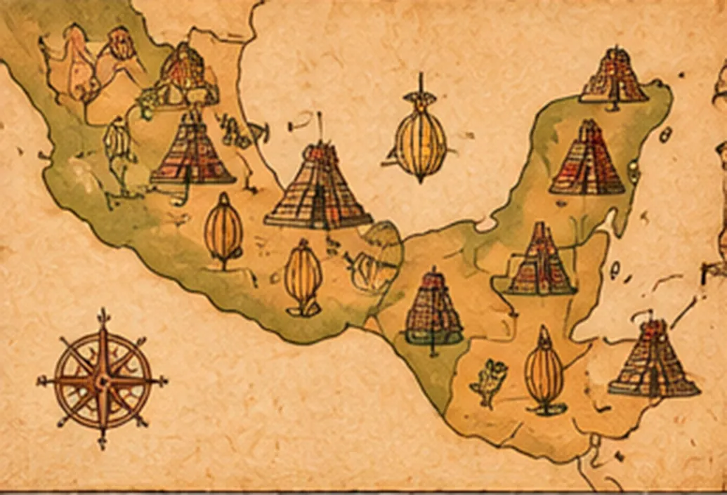 Mapa ilustrado de Mesoamérica con pirámides y mazorcas de cacao