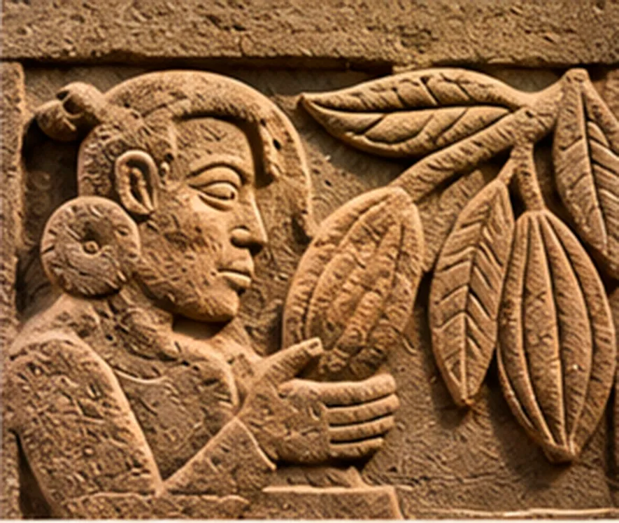 Relieve en piedra de un personaje mesoamericano sosteniendo una mazorca de cacao junto a un árbol de cacao