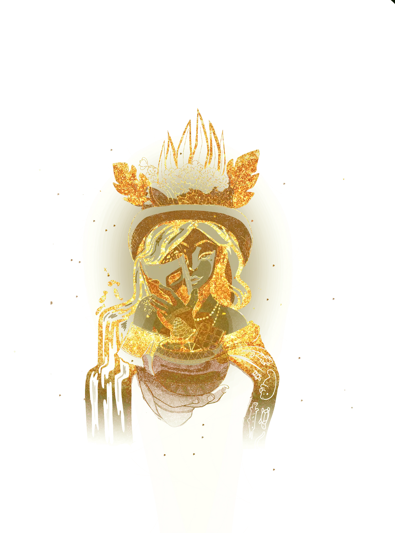 Ilustración dorada de la pochovera, mujer tabasqueña con tocado de hojas y flores que sostiene una jícara con cacao
