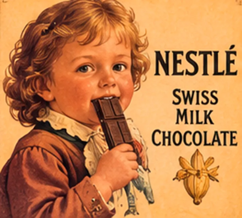 Cartel antiguo de una niña que muerde una tableta de chocolate con leche