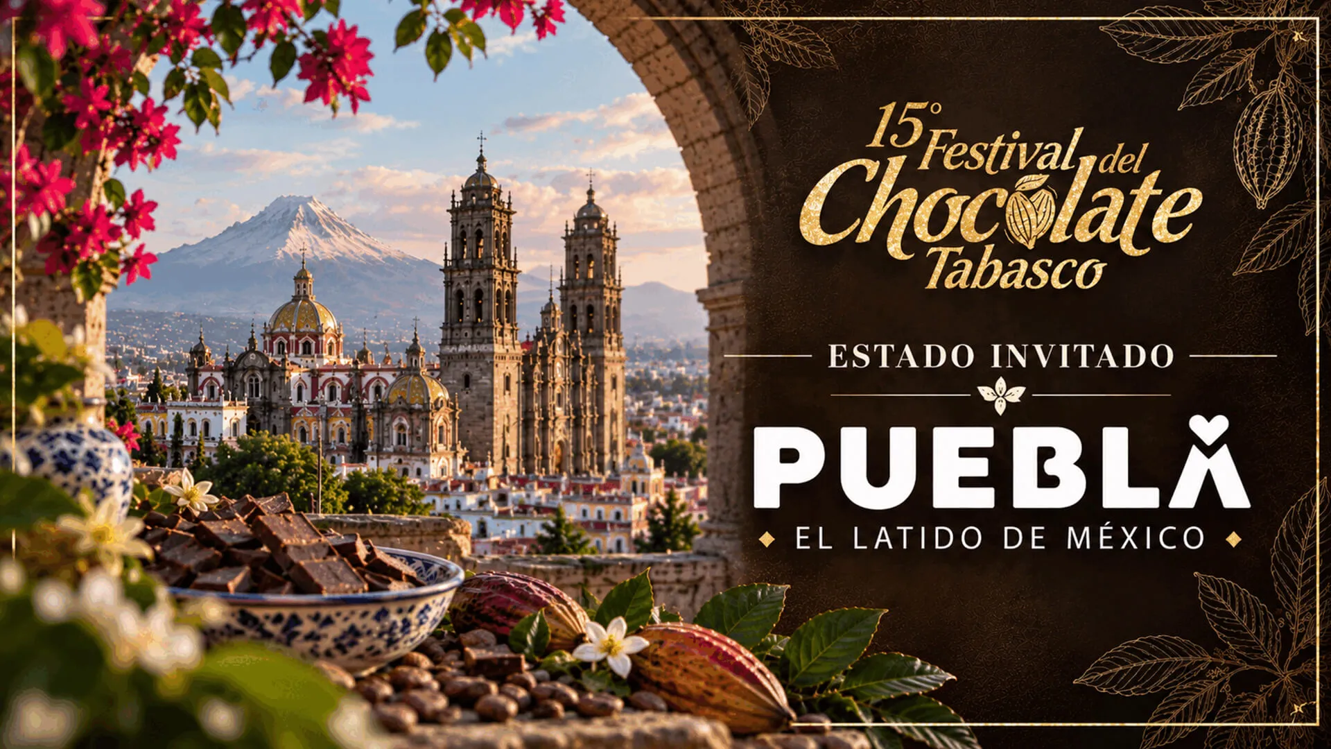 Catedral de Puebla con el volcán Popocatépetl al fondo, junto a chocolate y cacao: Puebla, estado invitado del 15° Festival del Chocolate Tabasco